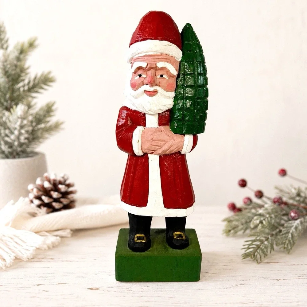 Vintage Hand Carved Wood Santa Claus Figurine Christmas Folk Art Decor 10.25